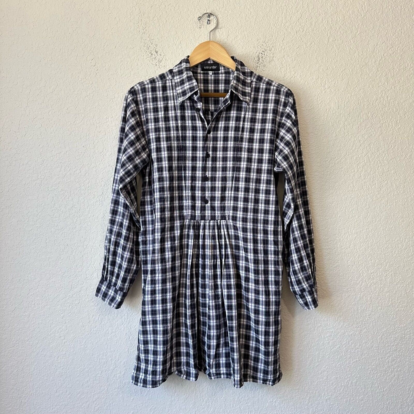 Eskandar Mini Shirt Dress Multicolor Plaid Pleated Preppy Retro Nwot